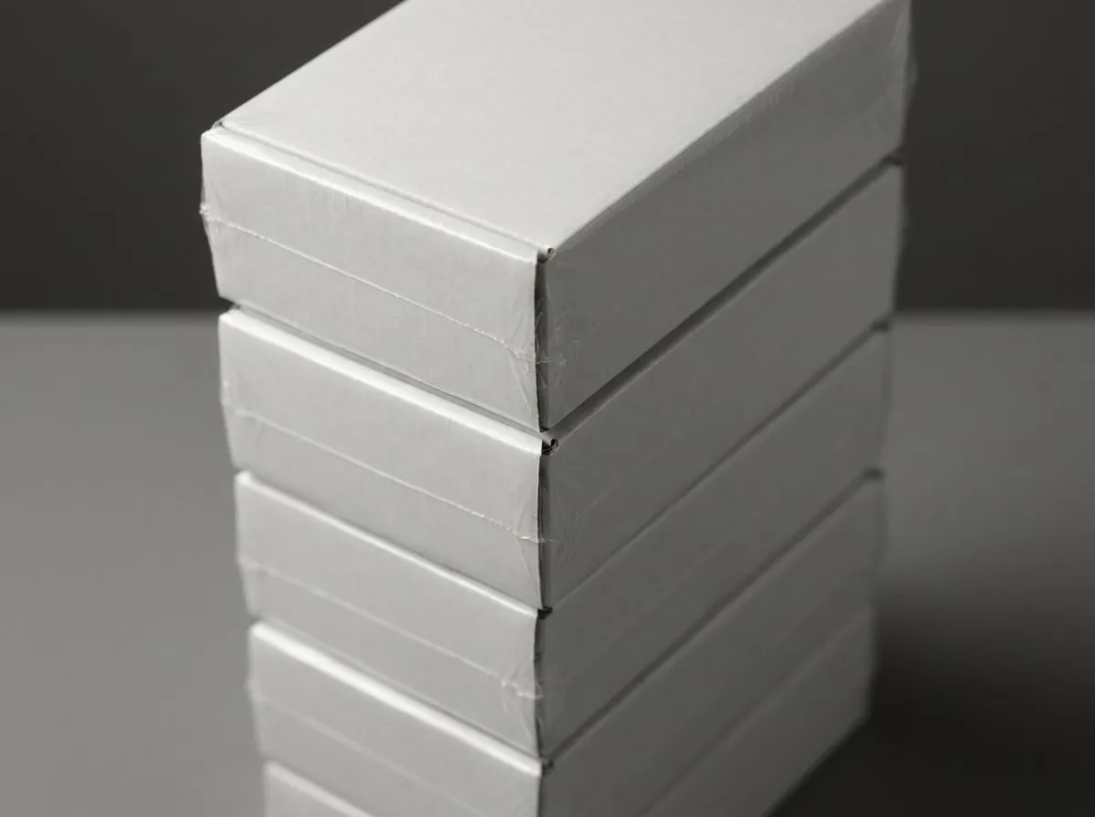 Sealed, unbranded retail cartons stacked and shrink wrapped