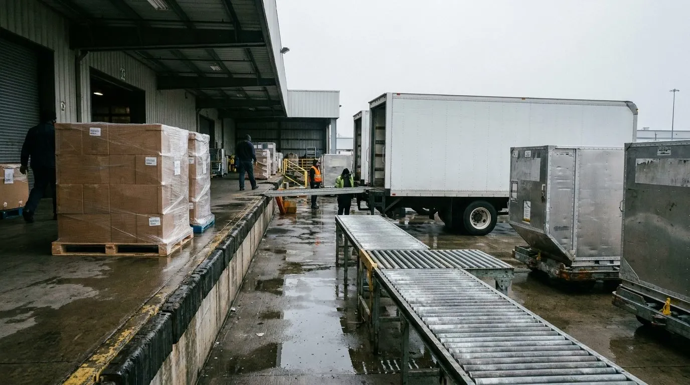 Shrink wrapped pallets and air cargo containers staged on a loading dock