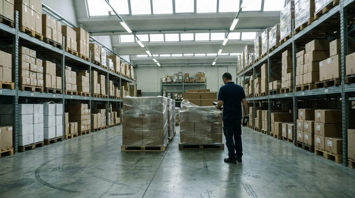 Pallets of boxed stock on industrial racking inside a distribution warehouse